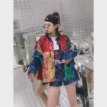 Новое поступление 2024 года: Свободная джинсовая куртка в стиле ретро в Гонконге с пайетками на весну/осень One Size