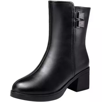 Новое поступление 2024 года, женские кожаные туфли на высоком каблуке, сапоги на толстом меху, туфли для мам, зимние сапоги с острым носком и квадратным каблуком 35 чёрный