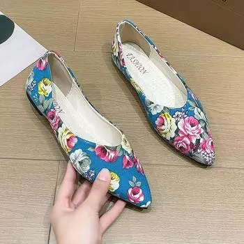 Новое поступление 2024 года, женские туфли с острым носком, красивые цветочные модные летние туфли, балетки на плоской подошве, удобные повседневные женские туфли 37 цветочный
