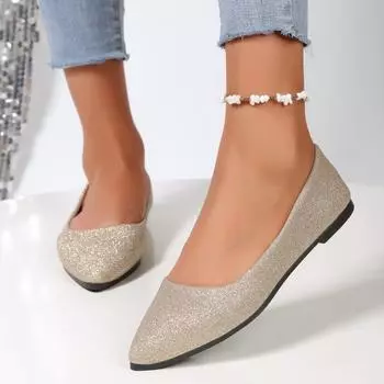 Новое поступление 2024, женская красивая и модная летняя обувь с острым носком, балетки на плоской подошве, удобная повседневная женская обувь 35 золотой