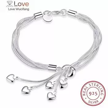Новое поступление 925 стерлингового серебра браслеты элегантный многослойный любовь сердце кисточка кулон цепочка браслет для женщин ювелирные изделия