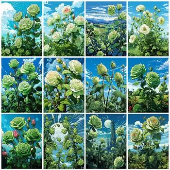 Новое поступление Алмазная картина Зеленая роза Стразы Картина Вышивка Цветок Алмазная мозаика Ручная работа Хобби Full Round 20x30CM