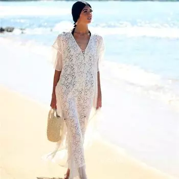 Новое поступление бикини накидки белая кружевная туника сексуальный V-образный вырез плюс размер женское летнее платье пляжная одежда купальник накидка One Size белый