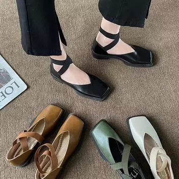 Новое поступление, дизайнерская обувь Мэри Джейн, женские элегантные туфли на плоской подошве с квадратным носком, летние уличные сандалии с эластичной лентой, модная женская обувь 35 бежевый