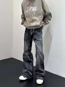 Новое поступление: Джинсы с потертостями в американском ретро-стиле в стиле пэчворк, модные расклешенные брюки унисекс длиной до пола. M чёрный
