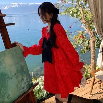 Новое поступление, красные женские платья с бантом, черное платье, свободная женская одежда с длинными рукавами, Vestidos Elegantes M чёрный