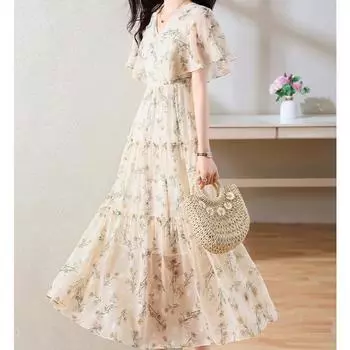 Новое поступление, летнее платье во французском стиле для женщин с v-образным вырезом и красивым воланом на талии M