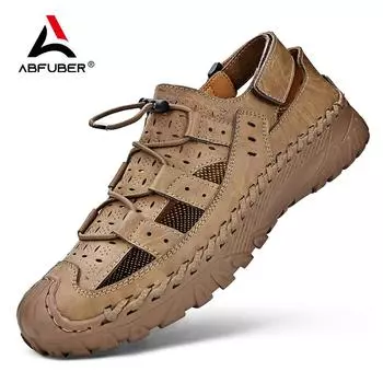 Новое поступление летних сандалий, мужские мягкие кожаные туфли, мужские сандалии, уличные противоскользящие пляжные сандалии, полые туфли, обувь ручной работы 38 чёрный