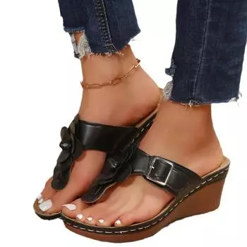 Новое поступление, лето 2024, женские тапочки на танкетке с цветочным принтом, повседневные удобные босоножки на каблуке Sandalia Feminina 36 чёрный