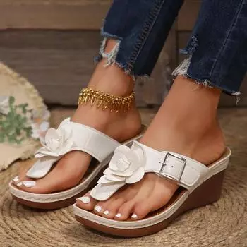 Новое поступление, лето 2024, женские тапочки на танкетке с цветочным принтом, повседневные удобные босоножки на каблуке Sandalia Feminina 36 чёрный