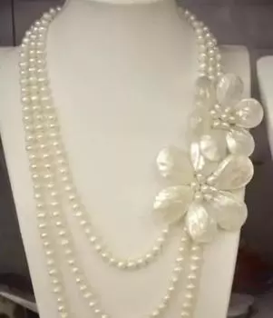 Новое поступление, модное 3-рядное пресноводное жемчужное ожерелье из перламутра и морской ракушки с жемчугом и цветком