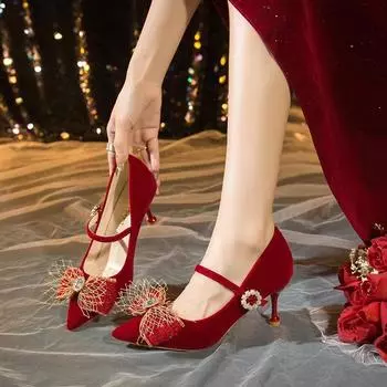 Новое поступление, модные элегантные банкетные туфли-лодочки на шпильке с бантом, свадебные туфли, замшевые пикантные туфли на высоком каблуке с пряжкой и острым носком 34