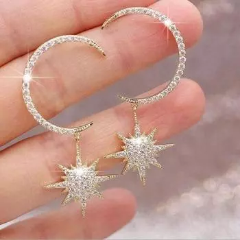 Новое поступление, модные ювелирные изделия, серьги из серебра 925 пробы и розового золота, белые прозрачные серьги с цирконием, лунной звездой, женские висячие серьги золотой