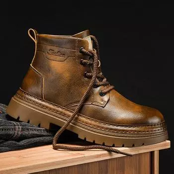 Новое поступление, натуральная кожа, мужские высокие ботинки, модные уличные мотоциклетные ботинки, нескользящие мужские ботильоны, прогулочная обувь 38 чёрный