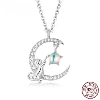 Новое поступление, натуральное серебро 925 пробы, кошка, луна, милые животные, подвески, ожерелья, женские серебряные ювелирные изделия, подарок
