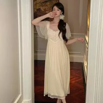 Новое поступление ночная рубашка в стиле принцессы, милая летняя сетчатая женская пижама с короткими рукавами и длинными рукавами для домашнего платья, верхняя одежда S бежевый