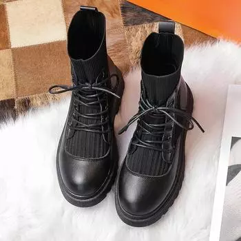 Новое поступление носки сапоги женская обувь тонкие женские ботильоны модные круглые PU мотоциклетные сапоги 2024 зимние эластичные панк-сапоги 35 чёрный
