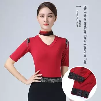 Новое поступление Одежда для тренировок тела Женские стильные топы Цельный с длинными рукавами Китайские купальники Йога Искусство Тест V-образный вырез Middle-sleeved Bordeaux fringed conjoined Tops S