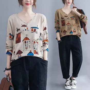 Новое поступление, осенний литературный художественный принт, универсальная одежда, женские свитера, пуловеры, вязаные топы с низом L хаки