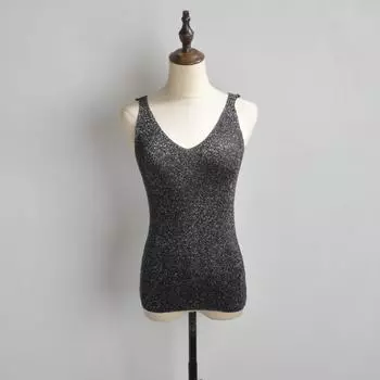 Новое поступление Пара трикотажных жилетов с V-образным вырезом Топы на бретелях из яркого шелка Верхняя одежда Базовая рубашка Модное нижнее белье Лето Black Gold S