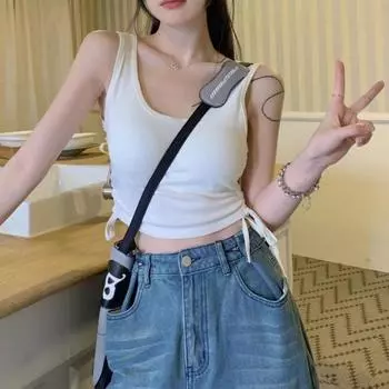 Новое поступление, повседневный однотонный жилет с двумя боковыми шнурками для девочек, сексуальные майки и майки с гофрировкой S чёрный