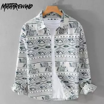 Новое поступление, рубашки с принтом в этническом стиле для мужчин, уличная одежда, повседневные топы, рубашки из чистого хлопка с длинными рукавами, весенне-летняя модная мужская одежда M