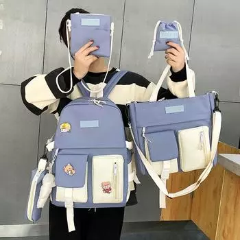 Новое поступление, рюкзак для студентов колледжа, комплект из 5 предметов, холст для средней школы, подростковая книжная сумка, модные цветные контрастные школьные ранцы для девочек и мальчиков One size бежевый