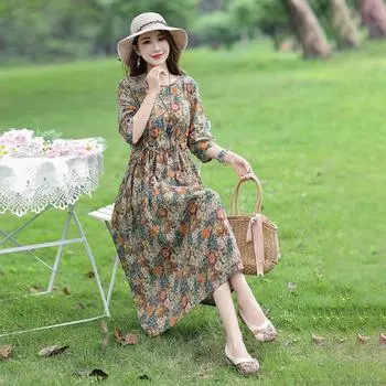Новое поступление, тонкое, легкое, мягкое хлопковое платье с цветочным принтом, Prairie Chic, винтажное летнее платье, модное женское повседневное платье миди L синий
