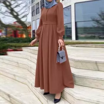 Новое поступление: Трансграничное повседневное свободное однотонное мусульманское длинное платье на молнии с поясом L ярко-красный