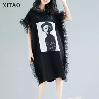 Новое поступление, весеннее женское модное европейское повседневное свободное платье длиной до колена с короткими рукавами и оборками WBB2921 One Size чёрный