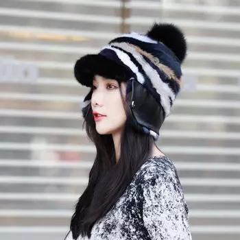 Новое поступление, женская мода, цветная шапка-бомбер из натурального меха, женская зимняя теплая натуральная норковая меховая шапка для девочек с помпонами для защиты ушей