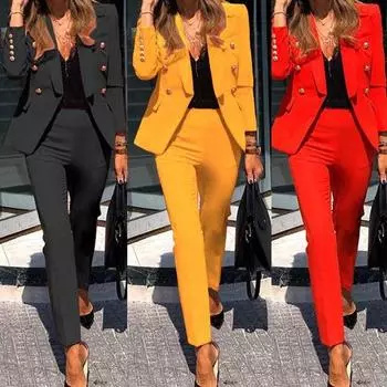 Новое поступление, женские модные повседневные костюмы из двух предметов, комплект из блейзера и брюк, офисная женская одежда, однотонный цвет XXXL чёрный