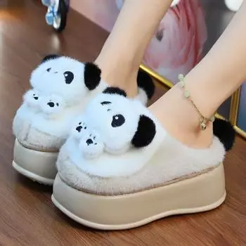 Новое поступление женские тапочки на толстом каблуке из ЭВА, милые тапочки в виде панды, зимние теплые пушистые женские домашние тапочки, забавная обувь 36-37