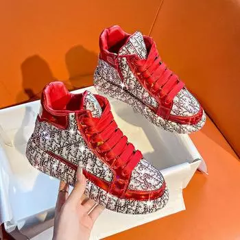 Новое поступление женских туфель из вулканизированной кожи с высоким берцем и сверкающими бриллиантами, толстой подошвой и высоким верхом. Женская обувь 35 чёрный