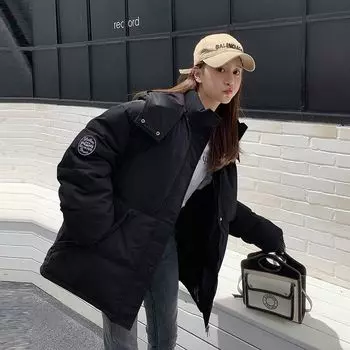 Новое поступление, женское зимнее свободное утолщенное хлопковое пальто средней длины с пуховой хлопковой курткой с капюшоном S чёрный