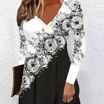 Новое повседневное и модное платье с цветочным принтом и длинными рукавами для женщин S чёрный