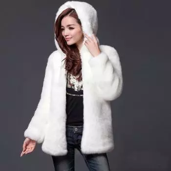 Новое повседневное пальто с капюшоном из искусственного меха кролика, теплое свободное пальто с круглым вырезом S белый