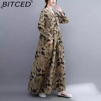 Новое повседневное платье большого размера с длинными рукавами и принтом, женская свободная модная длинная юбка M кофейный