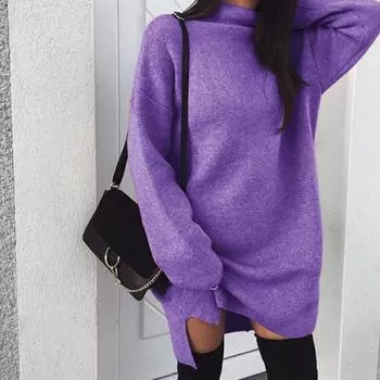 Новое повседневное платье Европа и США большого размера свободного кроя с высоким воротом и разрезом женское 2XL