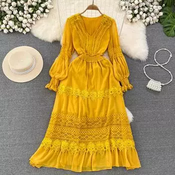 Новое повседневное весенне-летнее однотонное тонкое полное женское платье трапециевидной формы с v-образным вырезом, шифоновый пуловер с высокой талией, женские платья до середины икры One Size абрикосовый