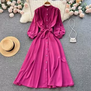 Новое повседневное весенне-осеннее однотонное тонкое женское платье на пуговицах с трапециевидным вырезом и круглым вырезом, шифоновые однобортные женские платья One Size чёрный