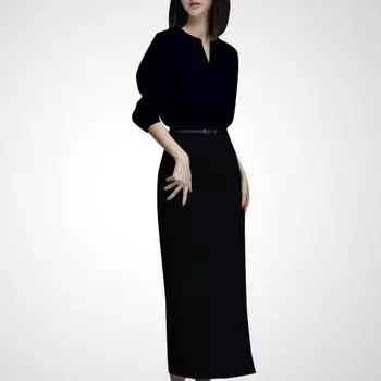 Новое приталенное платье-футляр с V-образным вырезом и длинными рукавами, визуально стройнящее, черное Black XL