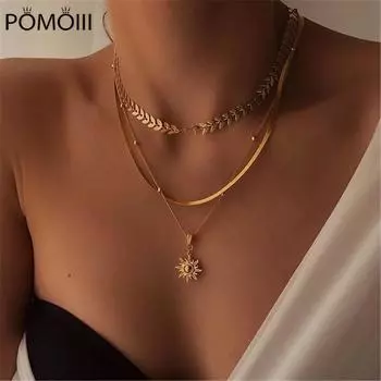 Новое простое золотое многослойное ожерелье для девочек, ожерелье с геометрическим кулоном, женское ожерелье, ювелирные аксессуары