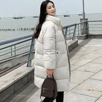 Новое пуховое хлопковое пальто женское средней длины до колена корейское свободное хлопковое пальто зимнее утепленное теплое пальто S белый