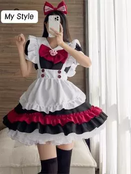 Новое японское платье кавайной Лолиты для женщин, милое аниме, костюм горничной из кофейни, косплей, розовое платье с круглым вырезом и длинными рукавами