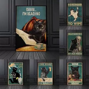 Новое Ретро Искусство Животное Холст Картины Офис Стены Искусства Забавный Мультфильм Черный Кот Плакат Гостиная Коридор Украшения Дома Фреска Без Рамки 21*30cm