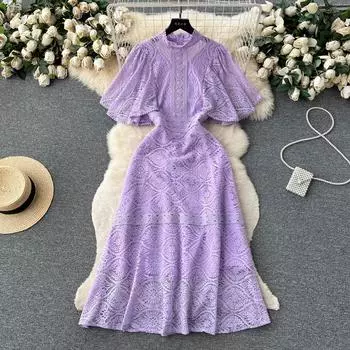 Новое ретро-корсетное фиолетовое кружевное платье трапециевидной формы с цветочным крючком для женщин, летние вечерние платья с развевающимися рукавами