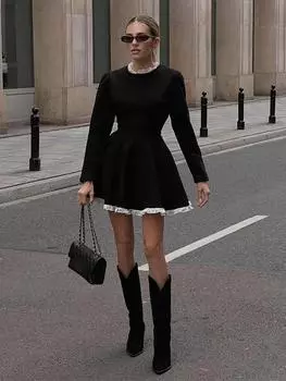 Новое ретро-платье с круглым вырезом и кружевом для женщин, повседневное, новое свободное платье с длинными рукавами 2024 года, шикарное женское платье для поездок на работу на улице S чёрный