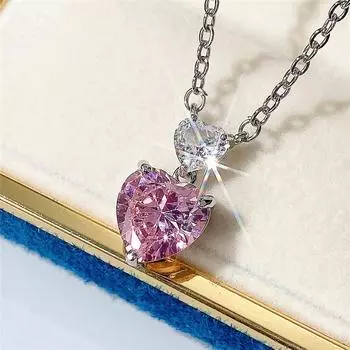 Новое романтическое ожерелье с подвеской в виде двойного сердца для женщин, ярко-розовый/желтый цирконий, модные ювелирные изделия для свадьбы и помолвки 44cm 5cm