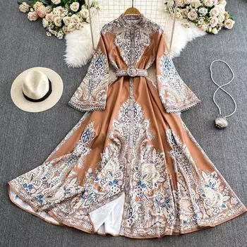 Новое роскошное ретро-изысканное женское платье с поясом Palace Storm в семитском стиле с расклешенными рукавами и принтом XXXL бежевый